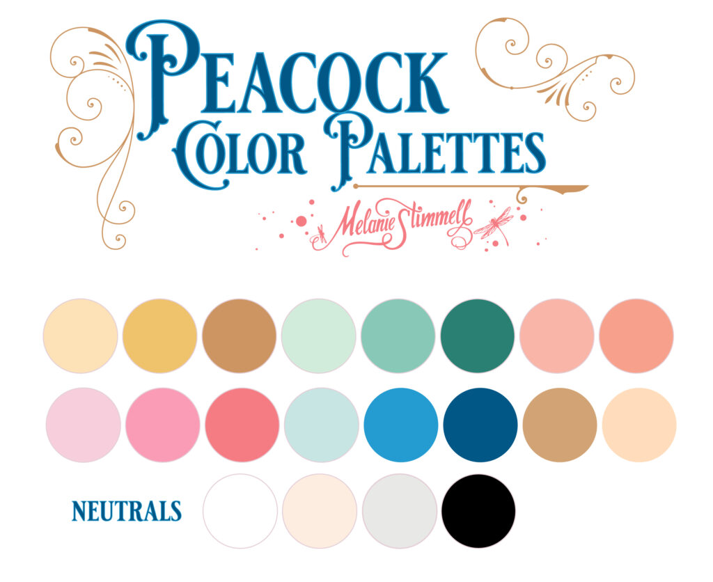 Image displaying "peacock color palettes" with an array of swatches in peacock-inspired colors, including blues, greens, browns, and neutrals, titled by Melanie Stimmell.