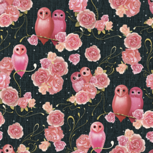 Patterned design featuring pairs of pink and red owls, pink roses, and golden accents on a dark, textured background inspired by surrealism.
