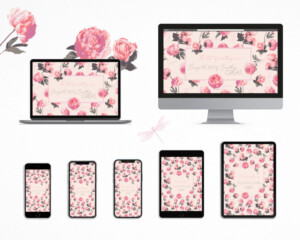An array of digital devices including a laptop, monitor, and smartphones, all displaying matching floral wallpaper with pink roses and a surrealist quote. A pink dragonfly and roses are also shown in the background