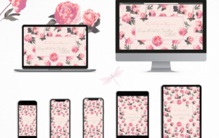 An array of digital devices including a laptop, monitor, and smartphones, all displaying matching floral wallpaper with pink roses and a surrealist quote. A pink dragonfly and roses are also shown in the background