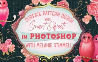 Decorative poster for a Photoshop tutorial titled "Surface Pattern Design with Smart Objects," featuring ornate text, pink roses, and two whimsical pink owls on a dark floral background.