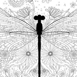 A black and white illustration featuring a detailed dragonfly silhouette centrally placed over a background of intricate floral patterns and various dotted textures, infused with a whimsical twist.