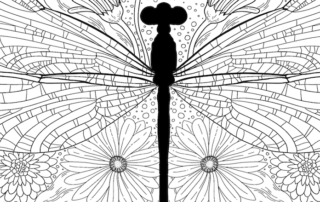 A black and white illustration featuring a detailed dragonfly silhouette centrally placed over a background of intricate floral patterns and various dotted textures, infused with a whimsical twist.