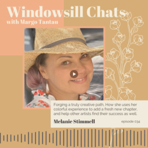 Podcast cover for "windowsill chats with margo tantau," featuring a smiling woman in a whimsical straw hat. Graphic embellishments include floral designs and surrealism-inspired measurement lines. Episode