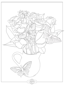 A whimsical black and white line art painting of a bouquet of roses and other flowers with leaves, arranged in a jug, adorned with two butterflies near the bottom.