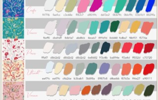 A painting showcasing whimsical color palettes inspired by various destinations, each named and represented by unique colors along with corresponding hex codes, arranged neatly against a pale background.