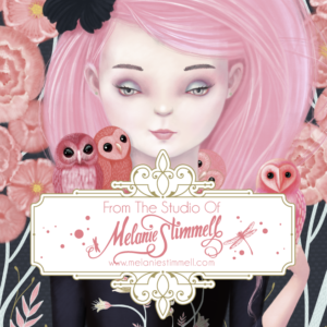 Painting of a girl with pink hair and two pink owls, surrounded by flowers, featuring a whimsical label stating "from the studio of Melanie Stimmell" with a website link.