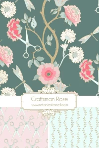 A vintage-style floral wallpaper design featuring large pink and white roses on a dark green background, paired with a section showing surrealism-inspired scissors and tools patterns on a pink background.