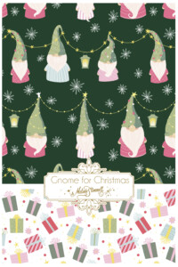 Illustration of whimsical Christmas gnomes in various colors with hats, hanging lanterns, and snowflakes on a dark green background. The bottom features colorful wrapped gifts, and "Gnome