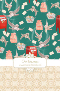 Painting of whimsical owls delivering mail and gifts, flying around red mailboxes on a teal background with decorative geometrical patterns at the bottom.