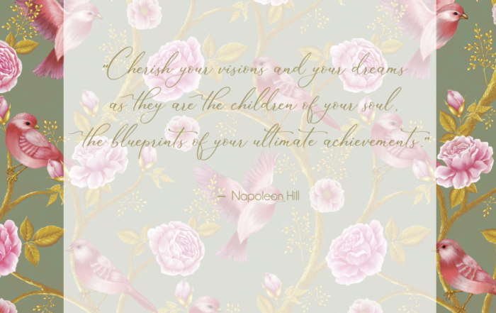 Painting featuring whimsical pink birds and light pink flowers intertwined with gold branches on a muted green background, displayed at Park West, with a quote by Napoleon Hill about dreams and achievements.