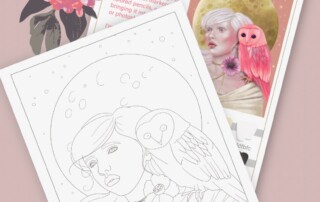 Two coloring book pages displayed, one showing a woman with moon and stars design by Melanie Stimmell and another with a prominent bird theme, surrounded by images of color pencils and flowers.