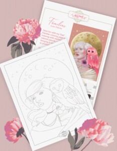 Coloring book pages featuring a woman's portrait and birds surrounded by whimsical floral elements, displayed over a pink background with fresh flowers illustrated.