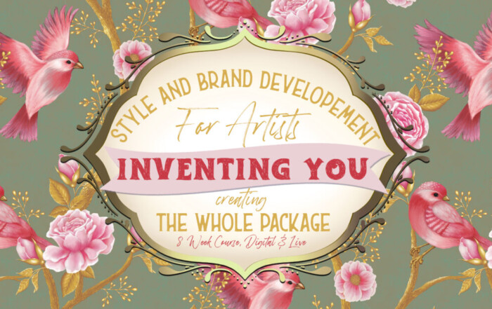 Elegant promotional graphic for "style and brand development for artists: inventing you" featuring whimsical pink birds, roses, and ornate, vintage-style frame on a muted green background.