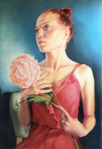A portrait of a young woman with her hair in a bun, wearing a red dress, holding a large pink peony. She gazes thoughtfully to the side against a whimsical blue-green background