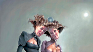 Artistic painting of two women with elaborate Victorian-era hairstyles, featuring surrealism-inspired floating orbs entwined in their curls. Their expressions are pensive under a soft, overcast sky.