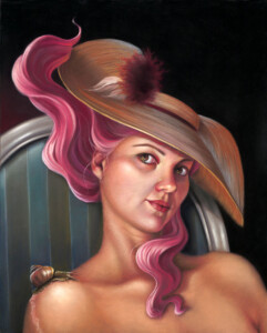 A painting of a woman with pink hair under a large stylish hat, gazing directly at the viewer. She's seated in a whimsical pose, with a snail resting on her shoulder, set