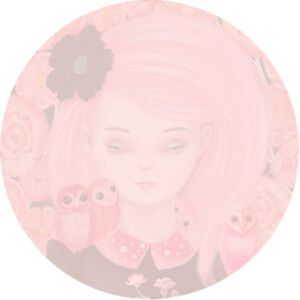 Painting of a whimsical girl with pink hair surrounded by flowers and two owls, all depicted in pastel tones within a circular frame.