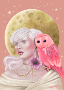 Painting of a woman with pale skin and pink hair, wearing a draped garment and a necklace, with a large, glowing moon behind her. A whimsical bright pink owl perches on her shoulder