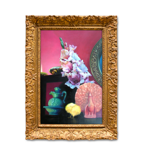A whimsical still life painting in a decorative gold frame, featuring an arrangement of white and pink flowers, a green teapot, a brain-shaped sculpture, and a yellow feather.