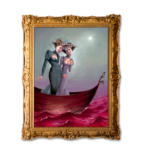 Surreal painting of two conjoined figures with elaborate hairstyles in a small boat on a pink sea, framed in an ornate golden frame, under a moonlit sky.