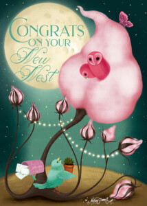A whimsical congratulatory card featuring a large, pink, fluffy nest with two small owls on top and a green bird with a letter below amid stylized plants and flowers, set against a surreal