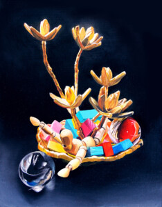 A vibrant painting depicting a whimsical wooden basket filled with colorful books and a glass ball, surrounded by flowering succulents against a dark background.