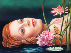 A painting of a woman with red hair lying horizontally, gazing upwards. She is surrounded by pink lotus flowers and reeds, with a butterfly on one of the flowers. The background is dark
