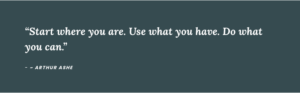 An image featuring a quote by Arthur Ashe in white text on a whimsical teal background that reads, “Start where you are. Use what you have. Do what you can.”
