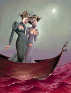Two whimsical women standing in a boat on a crimson sea under a moonlit sky, wearing elegant gowns and unusual headdresses featuring miniature orbs and structures.