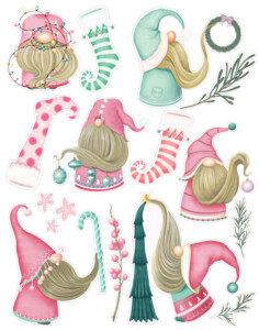 A collection of whimsical illustrations featuring Scandinavian gnome characters with long beards and pointed hats, along with festive Christmas elements like stockings, wreaths, and ornaments in a pastel color palette.