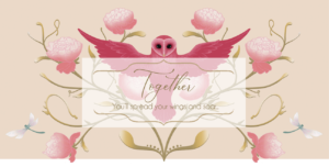 Decorative image featuring a symmetrical design with pink peonies, golden branches, and a pair of stylized bird wings around a heart with the words "together, you'll spread your wings