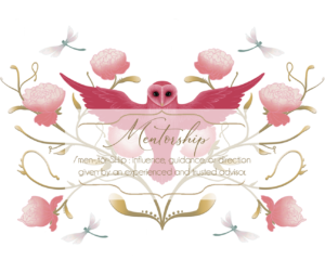 Decorative graphic featuring the word "mentorship" with a definition, surrounded by whimsical books, soft pink roses, and two pink feathers forming wings, all set against a geometric background.