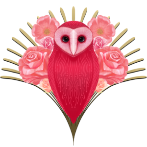 A whimsical graphic of an owl with a red and pink body, large eyes, nestled among pink roses and golden radiating lines, creating an artistic, floral composition.