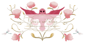 Decorative painting featuring the phrase "you're not alone, I'll be there every step of the way" in an ornate frame with pink flowers, antlers, and wings, all against a