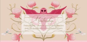Illustrated image featuring the word "mentorship" and its definition, adorned with whimsical pink floral designs and a central pair of stylized pink wings with two eyes.