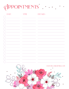 An appointment sheet titled "appointments" with columns for date, time, and details, decorated with whimsical pink and white floral illustrations at the bottom.