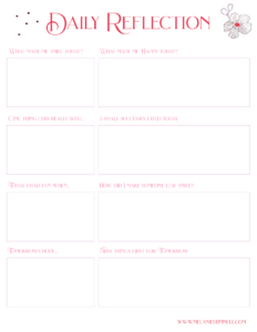 Image of a "daily reflection" worksheet with sections for recording what made the user smile, happy, successes, fun moments, and how they made someone else smile in a whimsical style, plus plans