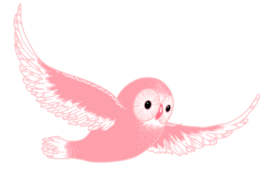 Painting of a whimsical, cute pink owl in mid-flight with large, detailed wings and big, round eyes.