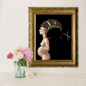 A whimsical painting in a golden frame depicting a woman in profile with an elaborate hairstyle, scissors, and strands of hair floating. A vase with pink peonies is next to The Cut on a table.