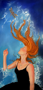 A surrealist painting of a woman with flowing red hair resembling ocean waves, gazing at a dragonfly above her hand against a deep blue ocean-inspired background.