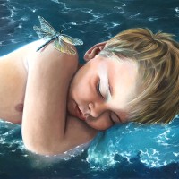 A surrealist painting of Cerulean Slumbers, a sleeping child with light hair, resting on a pillow of water waves, with a dragonfly perched gently on the child’s shoulder.
