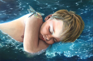 A surrealist painting of Cerulean Slumbers, a sleeping child with light hair, resting on a pillow of water waves, with a dragonfly perched gently on the child’s shoulder.