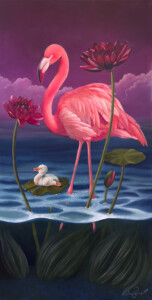 A vibrant painting depicting a pink flamingo standing in water, accompanied by a fluffy duckling on a lily pad, with tall dark red lotus flowers and a mystical purple sky in the background,