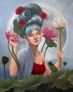 A painting of a serene woman with blue hair adorned with red flowers, holding pink lotus blossoms against a whimsical blue background.