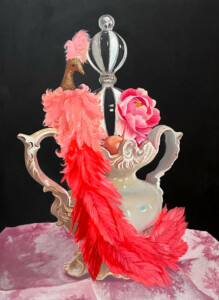 A whimsical surrealist painting of a vintage silver teapot adorned with a vibrant pink feather boa and a large pink flower. A peculiar, feathered hat rests on the pot's lid.