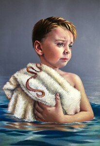 A whimsical painting of a young boy holding a towel, with a red snake subtly included in the design of the towel’s embroidery, set against a soft blue background titled "Of Gilded Tides".