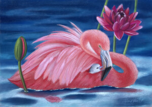 A whimsical drawing of a pink flamingo resting in water, with its head gracefully curved into its body. Beside it, a blooming pink lotus and a bud enhance the serene ambiance.