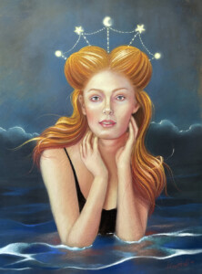 Illustration of a woman with long red hair and a whimsical expression. She is surrounded by water up to her shoulders, under a night sky. A delicate constellation crown with glowing stars adorns her