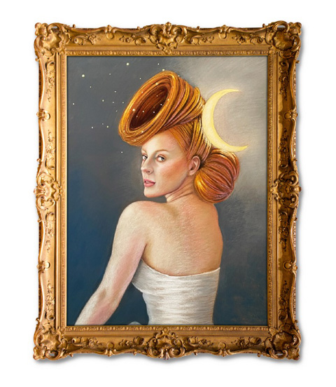 An oil painting in a golden ornate frame depicting a woman with an imaginative celestial hairstyle, featuring swirling loops resembling planets and a crescent moon, set against a whimsical starry backdrop.